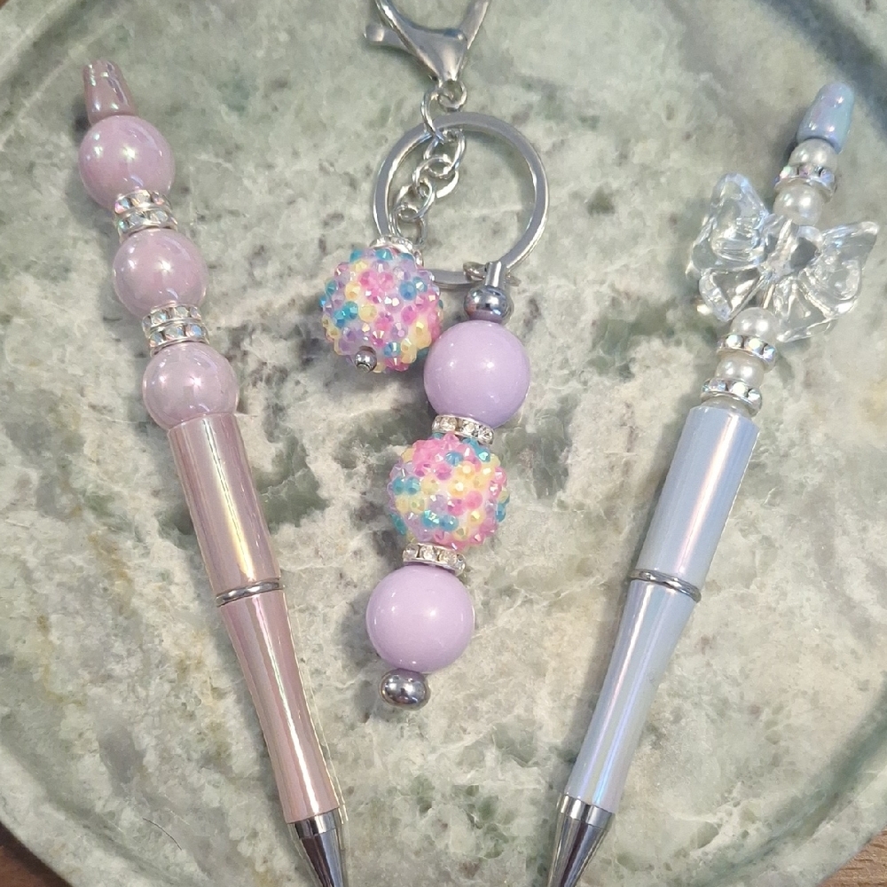 Pastel Beaded Pen And Bag Charm Gift Set